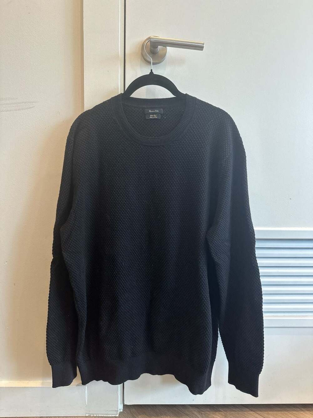 Massimo Dutti Black Waffle Knit Cotton Wool Crewneck Sweater